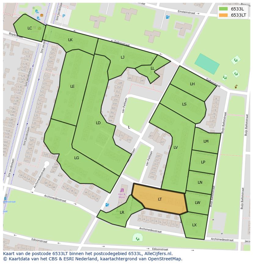 Afbeelding van het postcodegebied 6533 LT op de kaart.