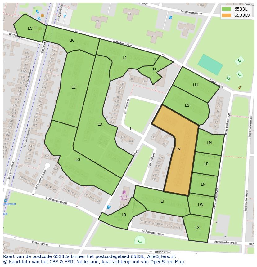Afbeelding van het postcodegebied 6533 LV op de kaart.