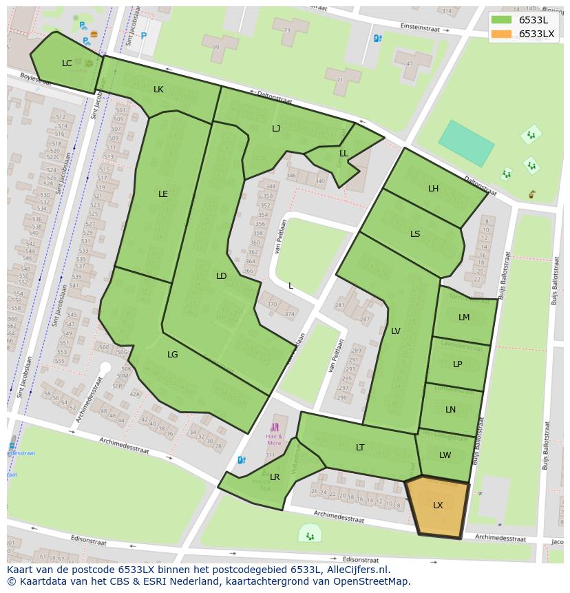 Afbeelding van het postcodegebied 6533 LX op de kaart.
