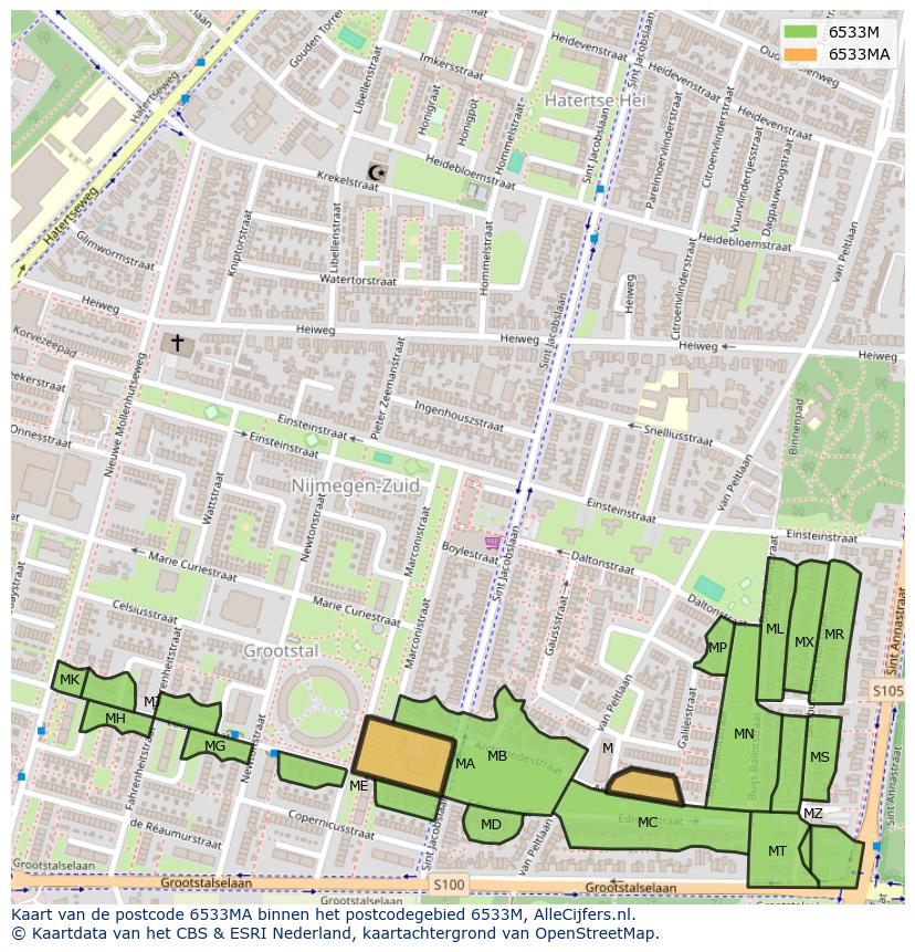Afbeelding van het postcodegebied 6533 MA op de kaart.