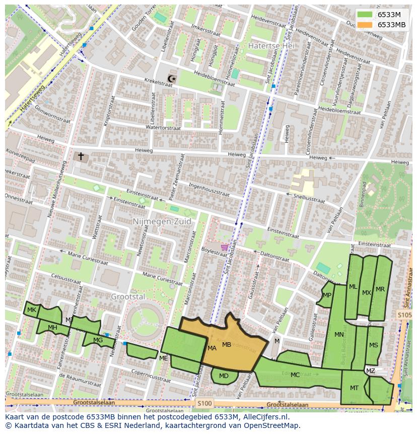 Afbeelding van het postcodegebied 6533 MB op de kaart.