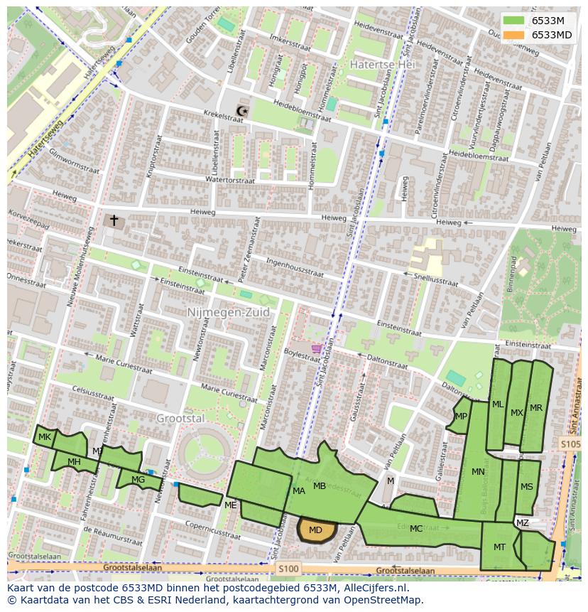 Afbeelding van het postcodegebied 6533 MD op de kaart.