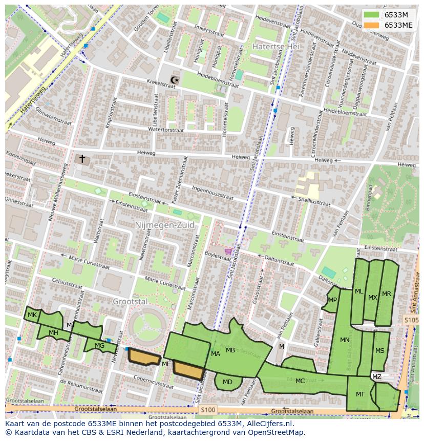 Afbeelding van het postcodegebied 6533 ME op de kaart.