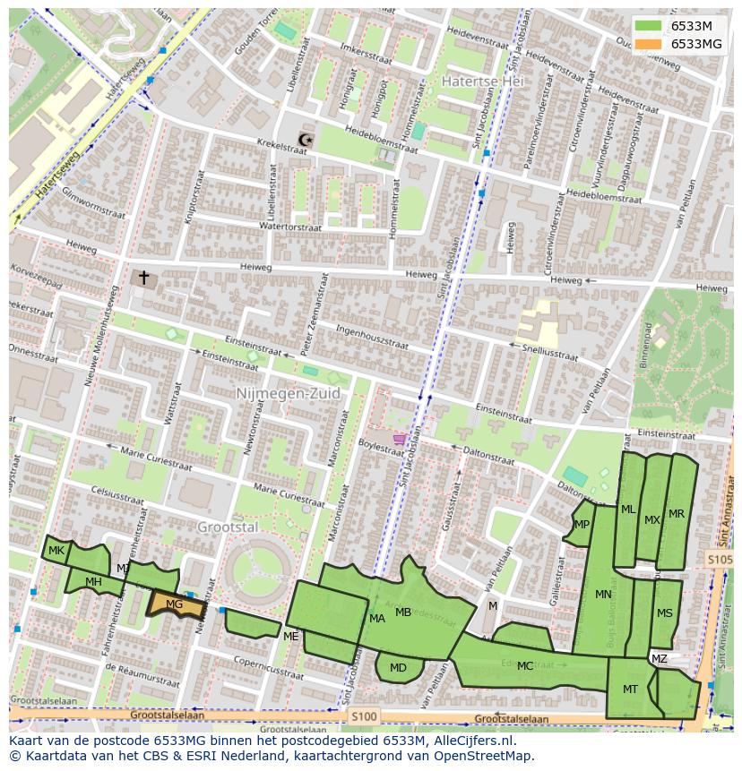 Afbeelding van het postcodegebied 6533 MG op de kaart.