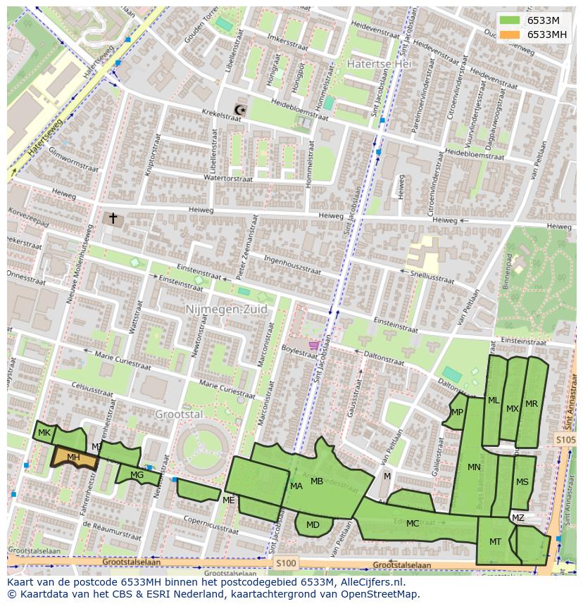 Afbeelding van het postcodegebied 6533 MH op de kaart.