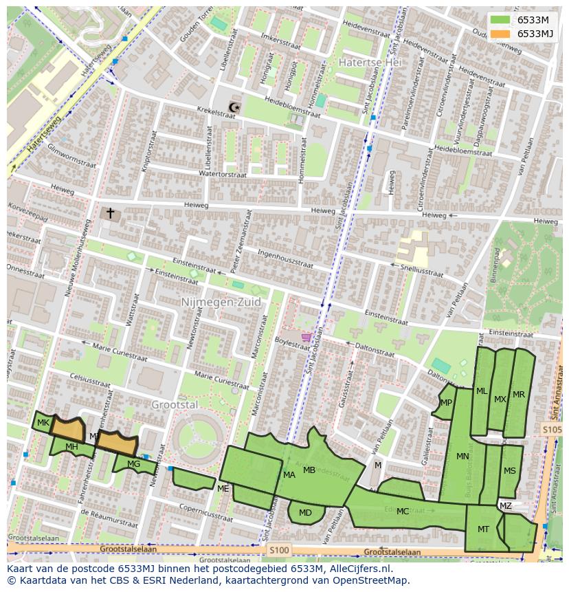 Afbeelding van het postcodegebied 6533 MJ op de kaart.