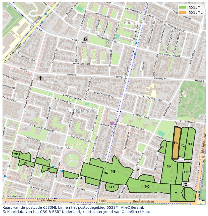 Afbeelding van het postcodegebied 6533 ML op de kaart.
