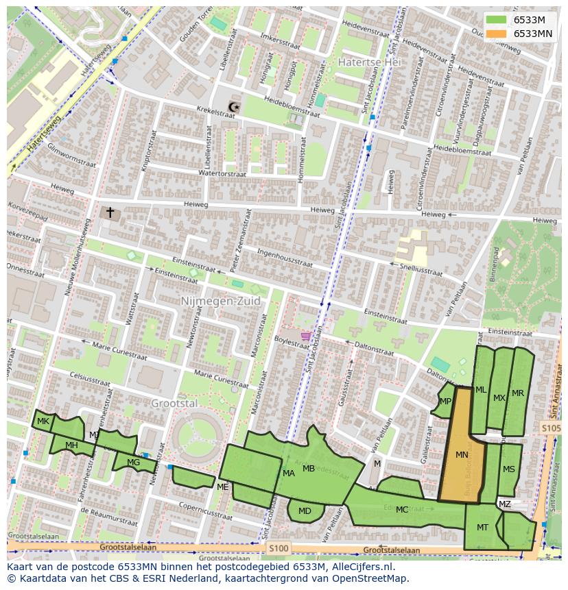 Afbeelding van het postcodegebied 6533 MN op de kaart.