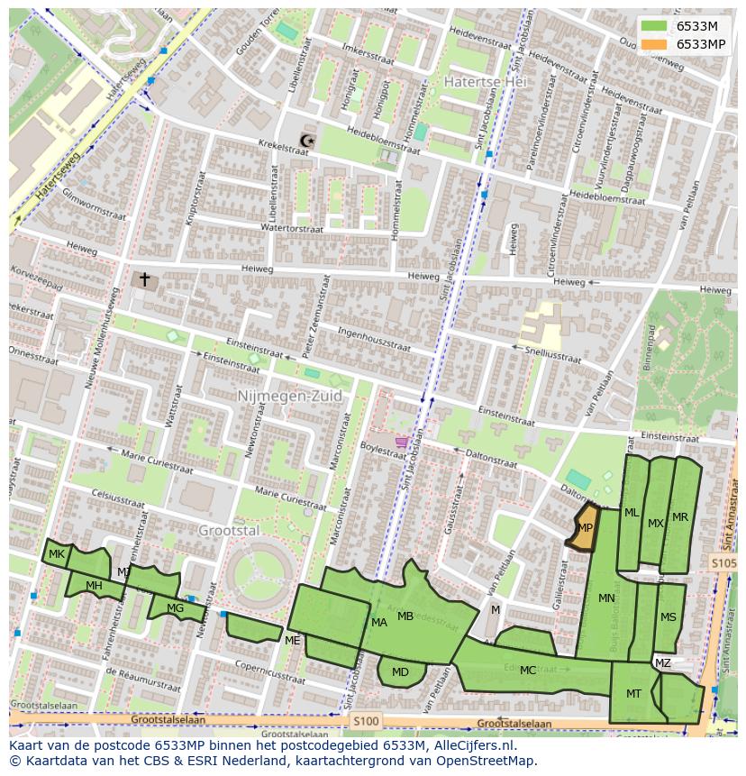 Afbeelding van het postcodegebied 6533 MP op de kaart.