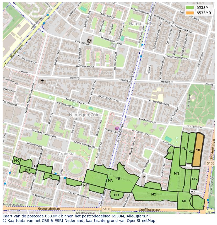 Afbeelding van het postcodegebied 6533 MR op de kaart.