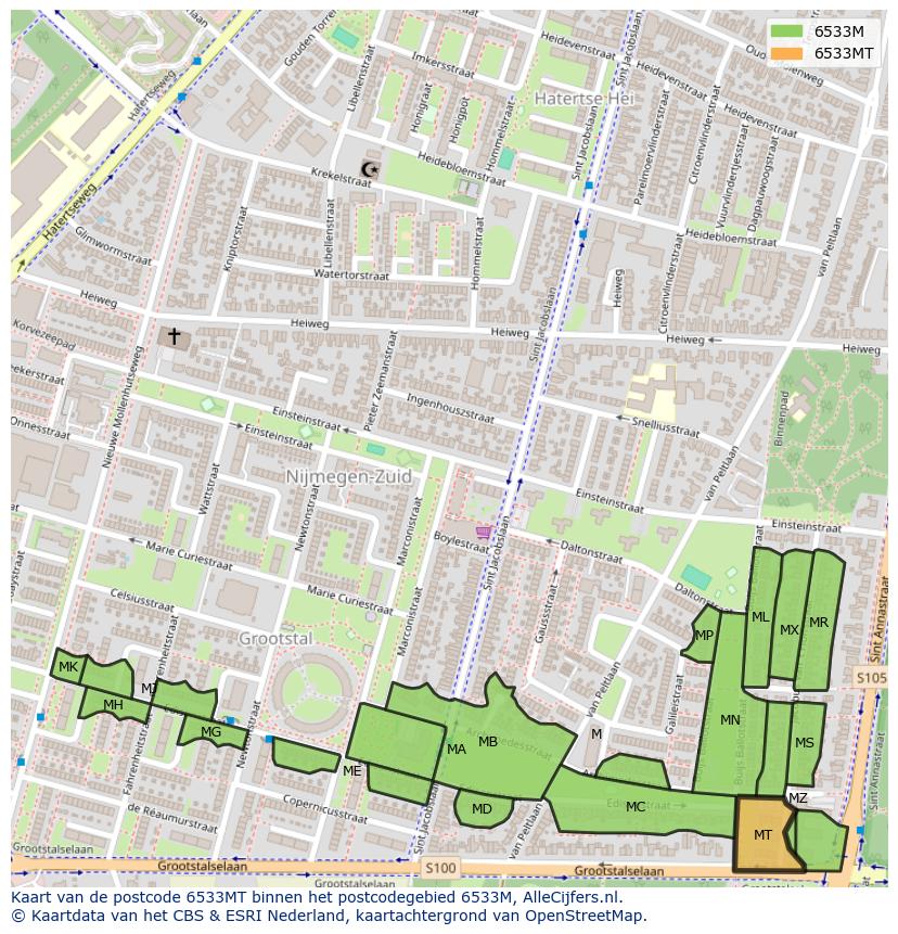 Afbeelding van het postcodegebied 6533 MT op de kaart.