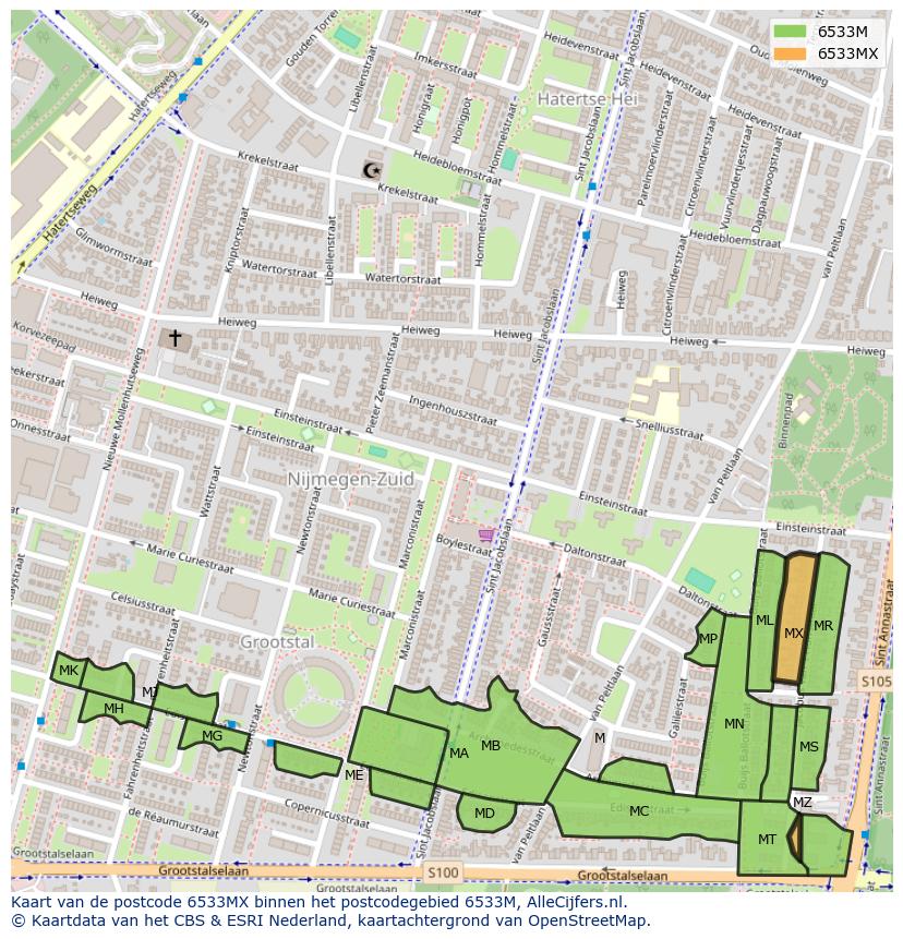 Afbeelding van het postcodegebied 6533 MX op de kaart.