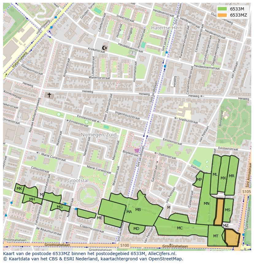 Afbeelding van het postcodegebied 6533 MZ op de kaart.