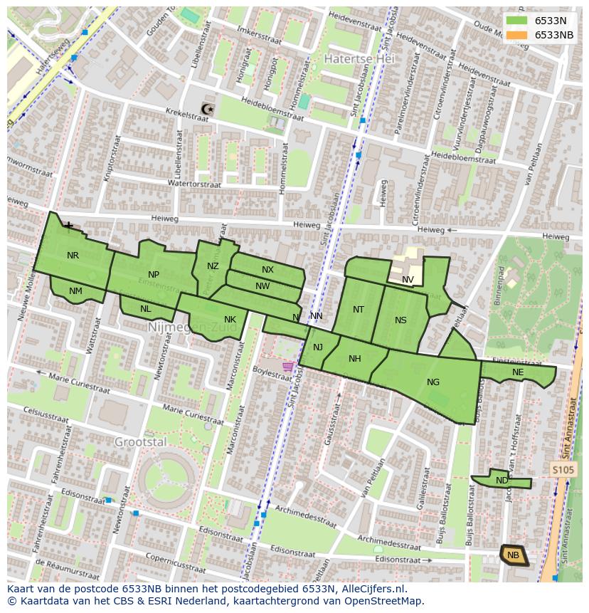 Afbeelding van het postcodegebied 6533 NB op de kaart.