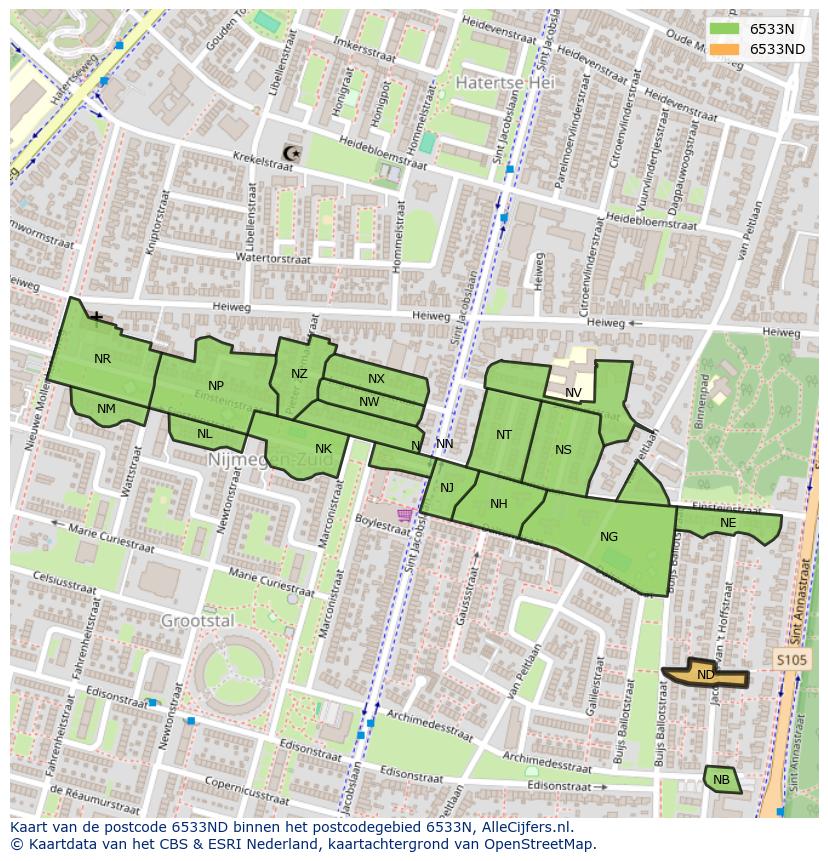Afbeelding van het postcodegebied 6533 ND op de kaart.