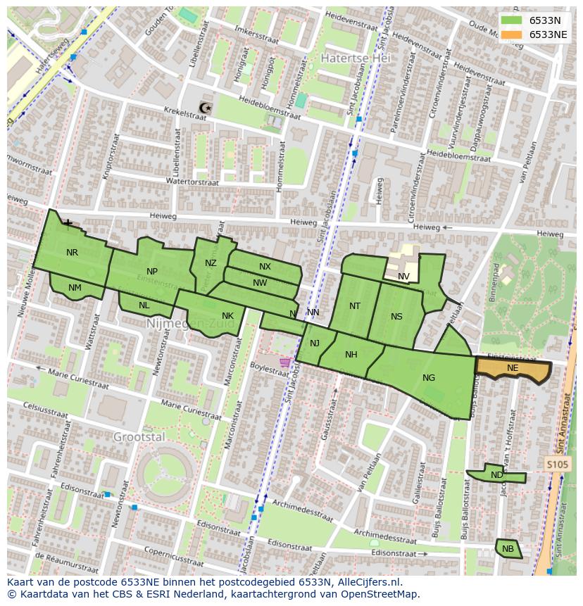 Afbeelding van het postcodegebied 6533 NE op de kaart.