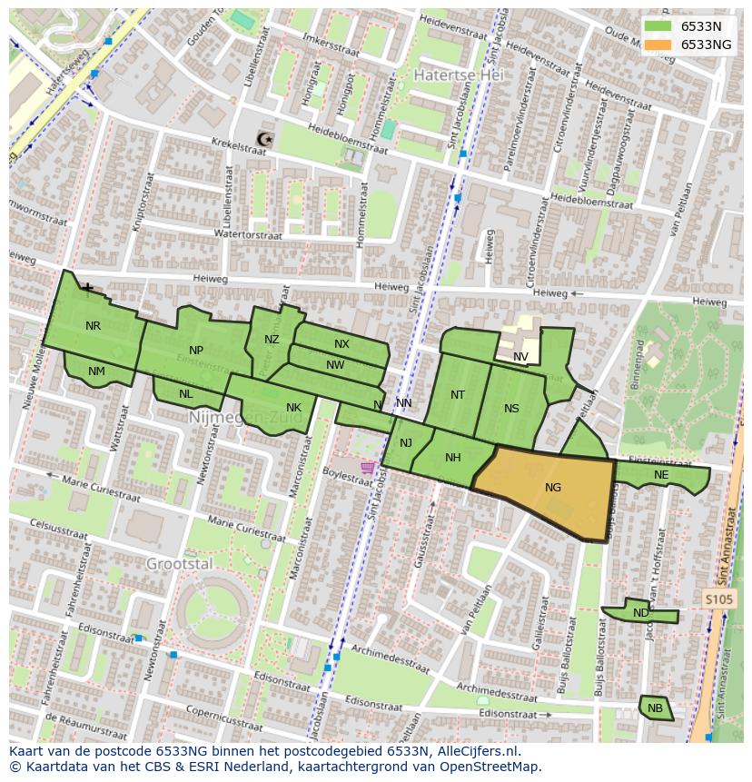 Afbeelding van het postcodegebied 6533 NG op de kaart.