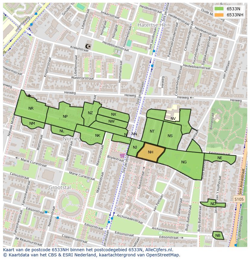 Afbeelding van het postcodegebied 6533 NH op de kaart.