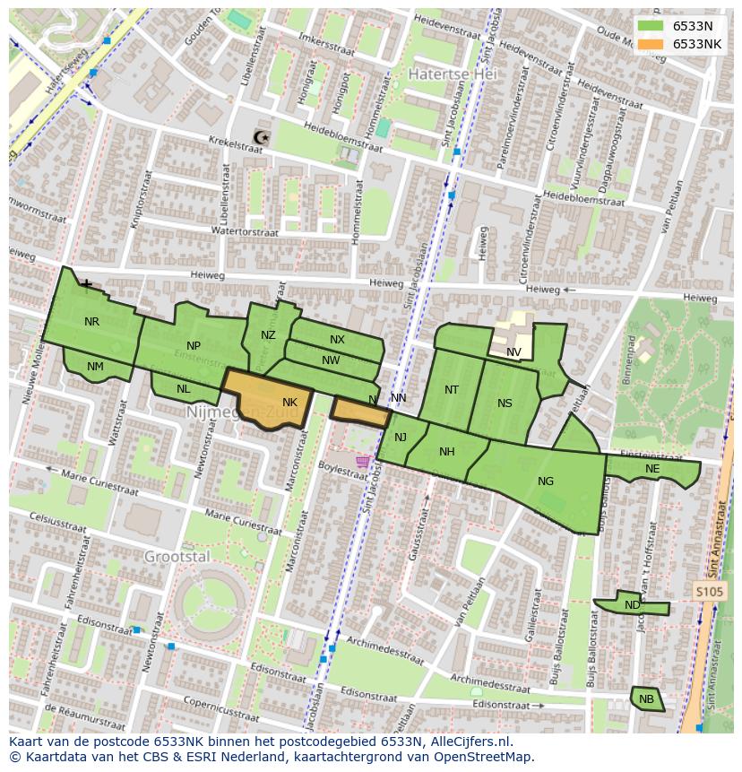 Afbeelding van het postcodegebied 6533 NK op de kaart.