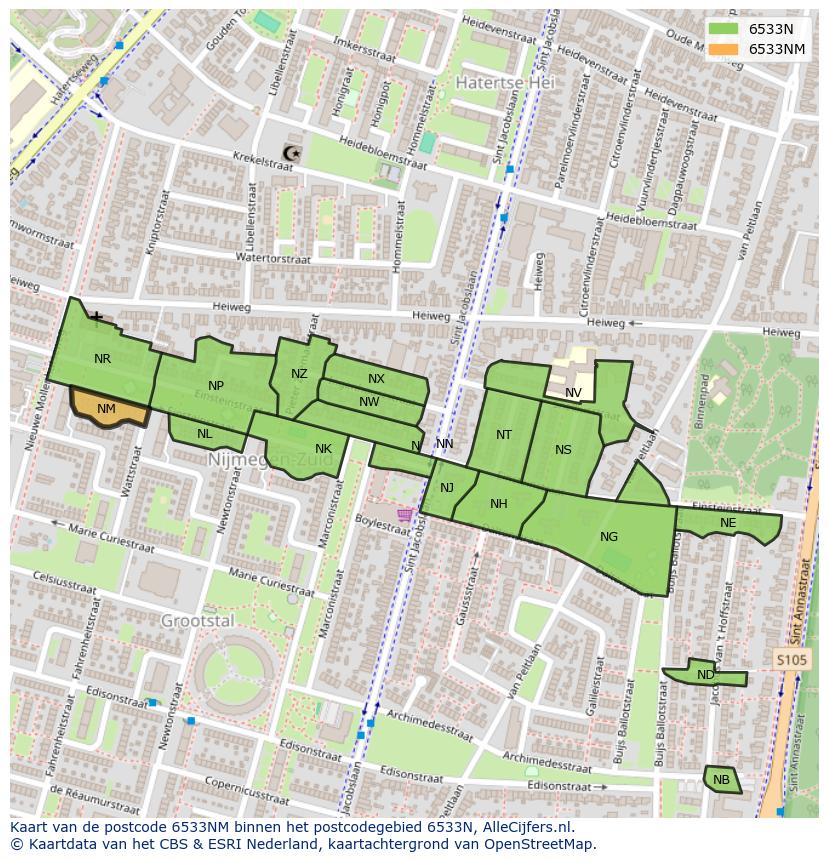 Afbeelding van het postcodegebied 6533 NM op de kaart.