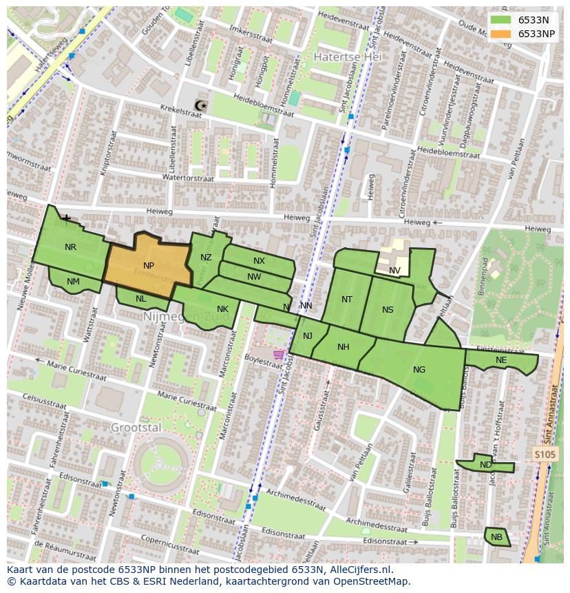 Afbeelding van het postcodegebied 6533 NP op de kaart.