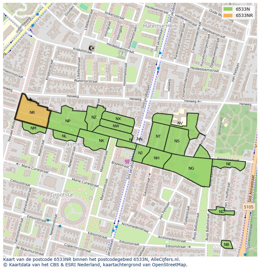 Afbeelding van het postcodegebied 6533 NR op de kaart.