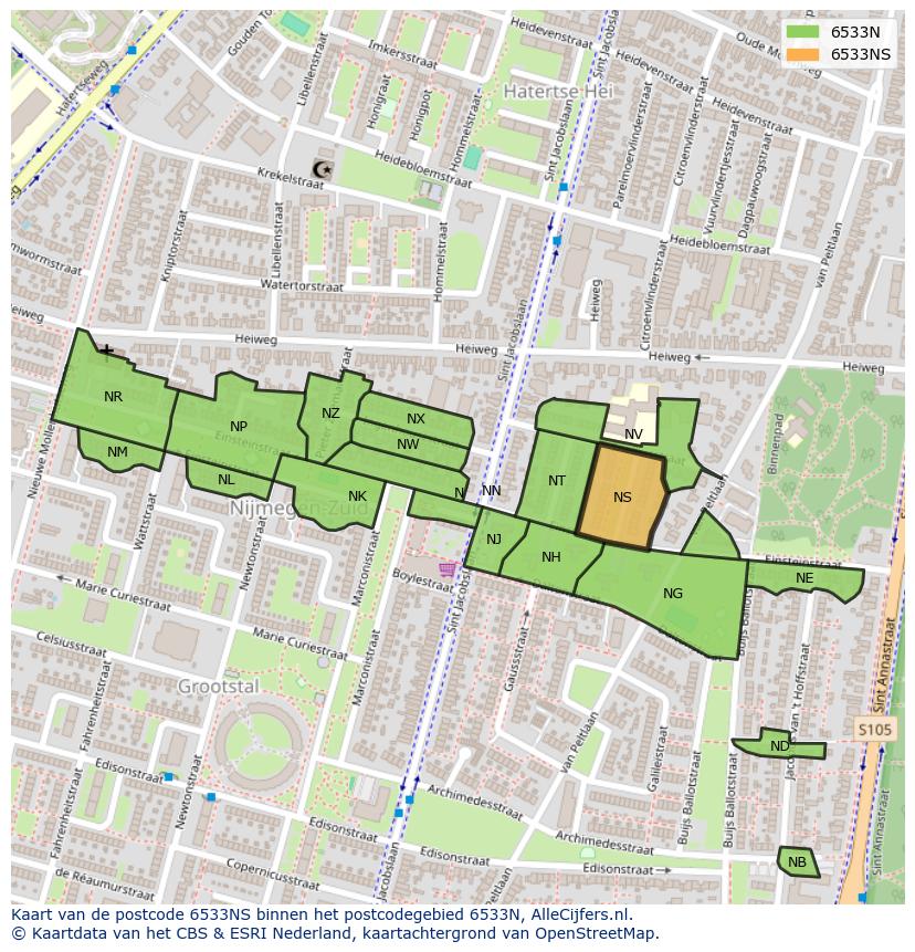 Afbeelding van het postcodegebied 6533 NS op de kaart.