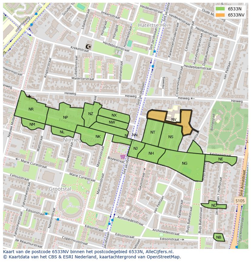 Afbeelding van het postcodegebied 6533 NV op de kaart.