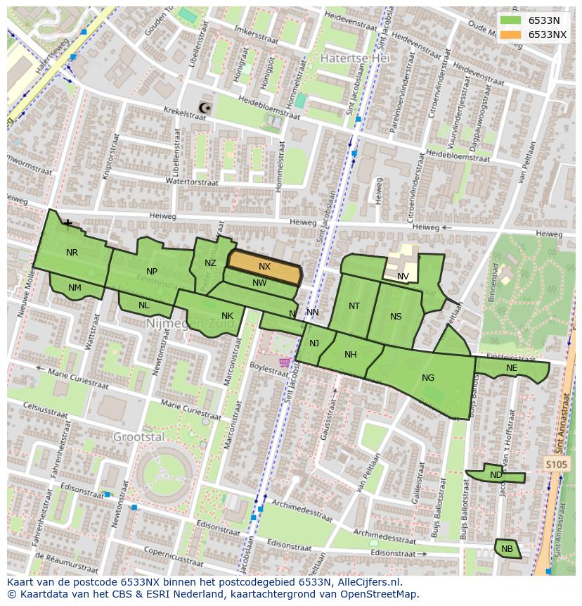 Afbeelding van het postcodegebied 6533 NX op de kaart.