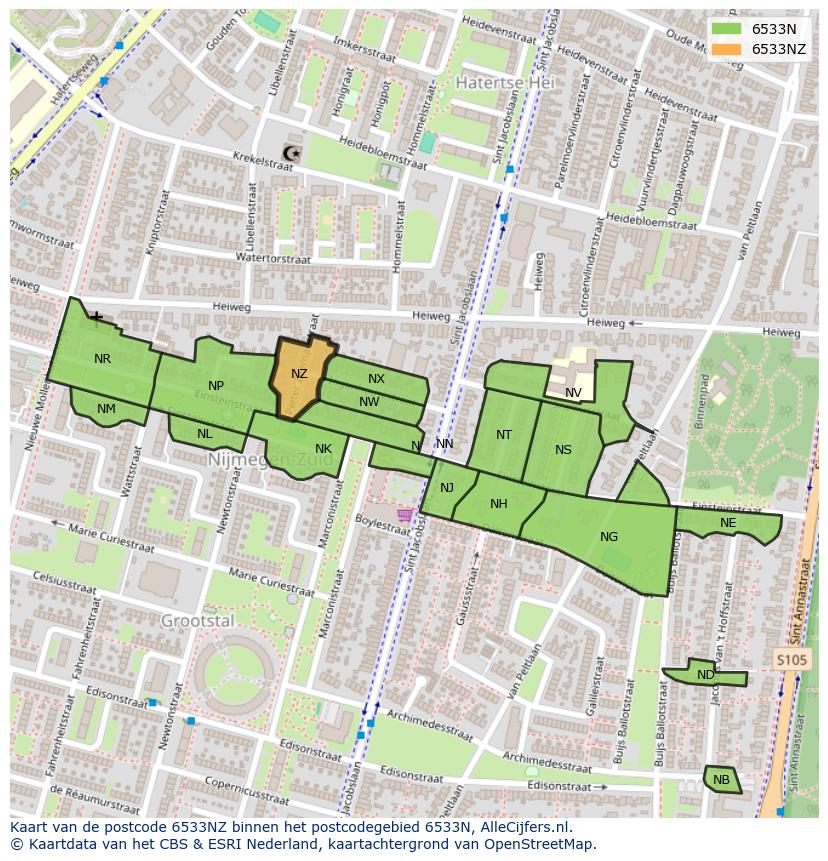 Afbeelding van het postcodegebied 6533 NZ op de kaart.