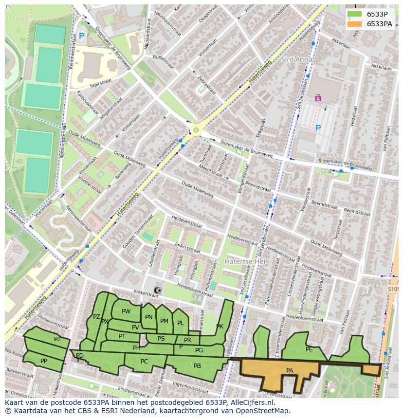 Afbeelding van het postcodegebied 6533 PA op de kaart.