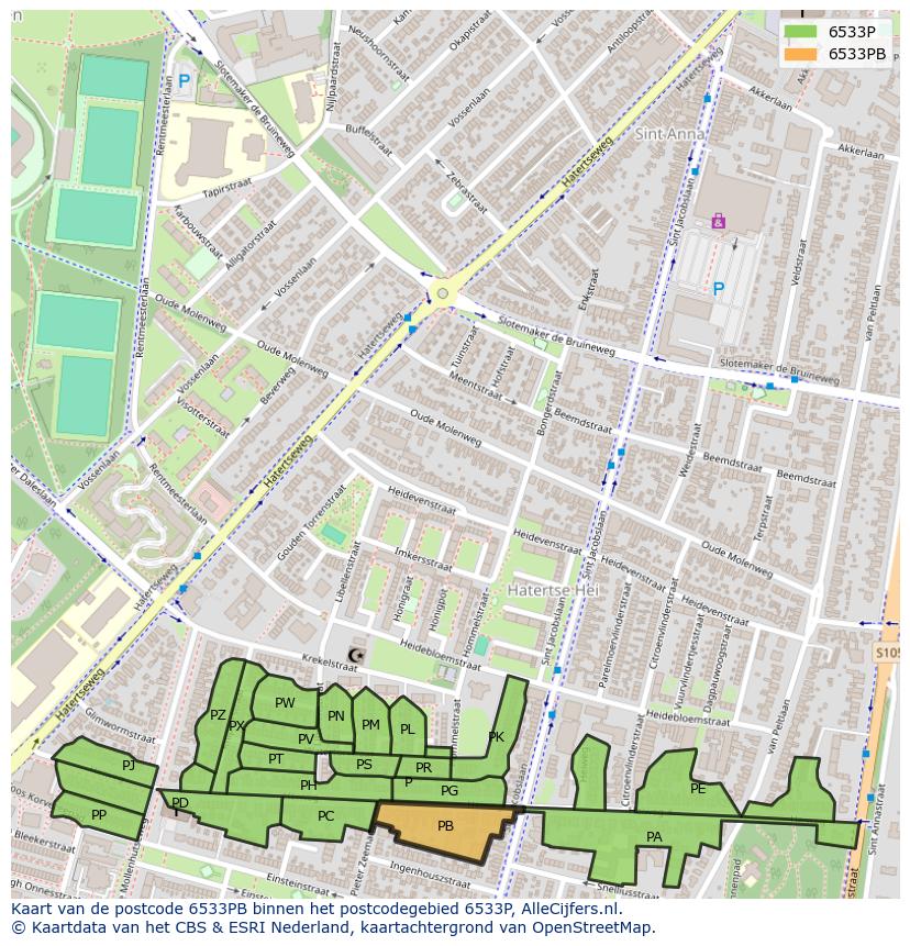 Afbeelding van het postcodegebied 6533 PB op de kaart.