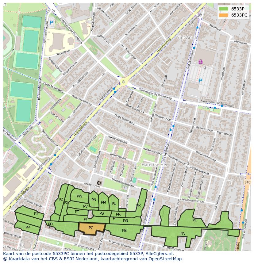 Afbeelding van het postcodegebied 6533 PC op de kaart.