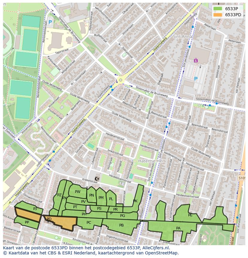 Afbeelding van het postcodegebied 6533 PD op de kaart.