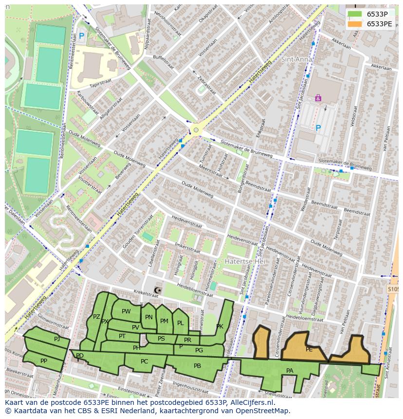 Afbeelding van het postcodegebied 6533 PE op de kaart.