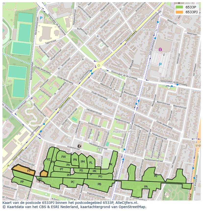 Afbeelding van het postcodegebied 6533 PJ op de kaart.