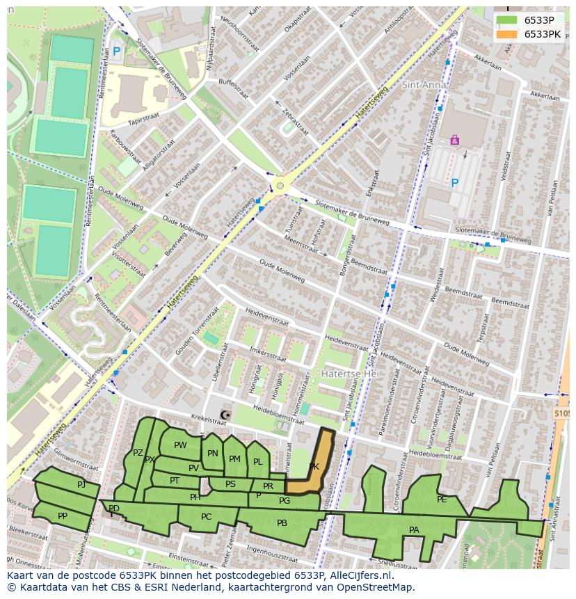 Afbeelding van het postcodegebied 6533 PK op de kaart.