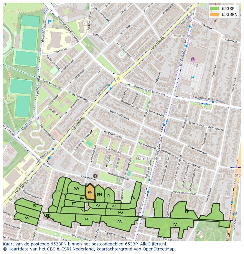 Afbeelding van het postcodegebied 6533 PN op de kaart.