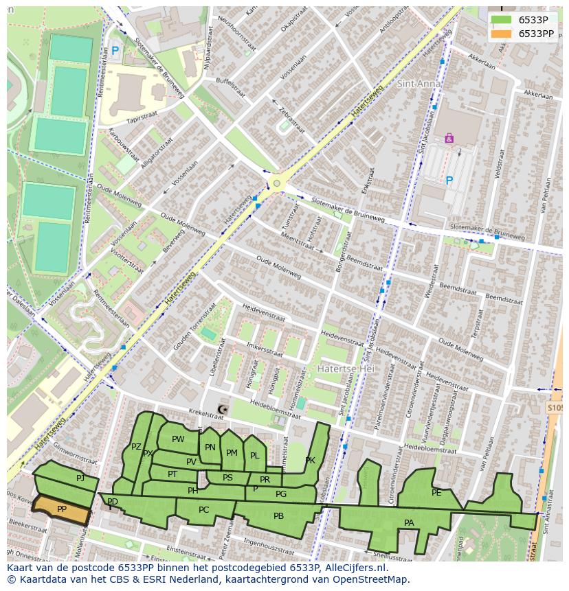 Afbeelding van het postcodegebied 6533 PP op de kaart.