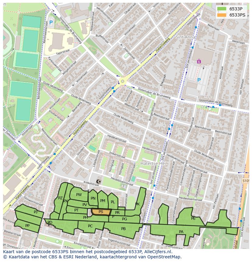 Afbeelding van het postcodegebied 6533 PS op de kaart.