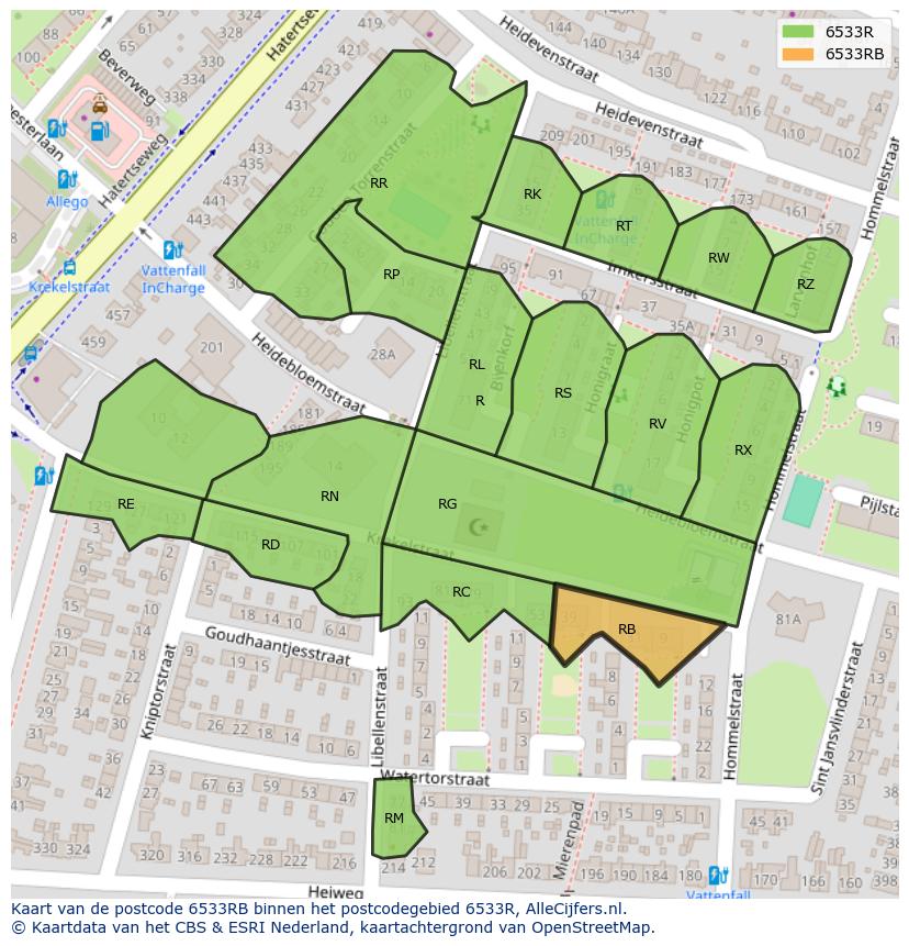 Afbeelding van het postcodegebied 6533 RB op de kaart.