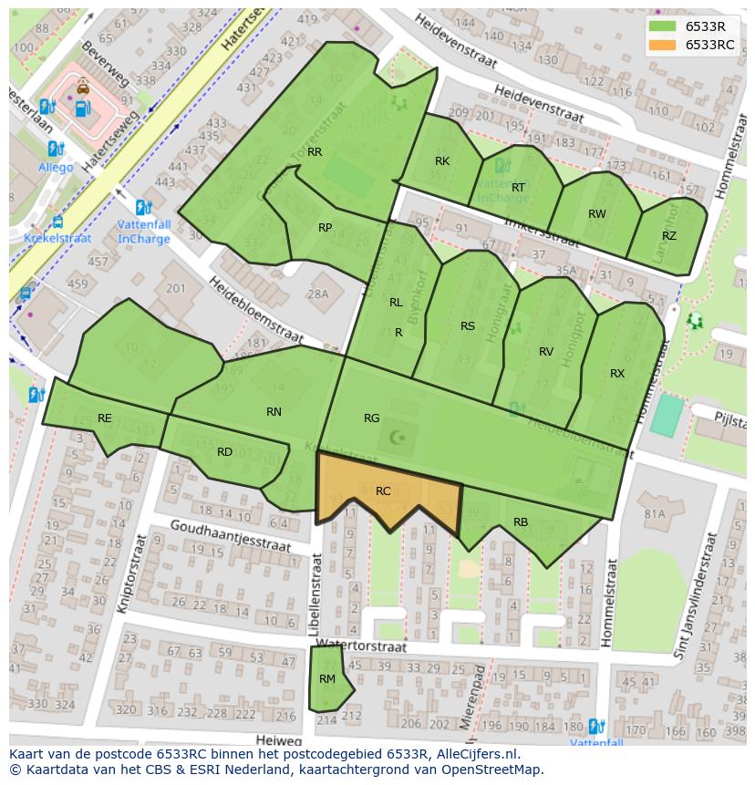 Afbeelding van het postcodegebied 6533 RC op de kaart.