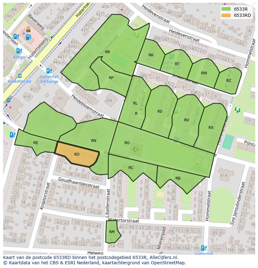 Afbeelding van het postcodegebied 6533 RD op de kaart.