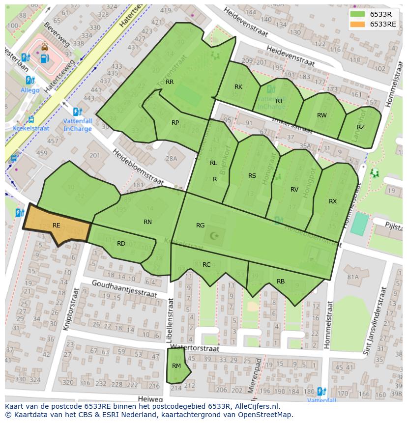 Afbeelding van het postcodegebied 6533 RE op de kaart.