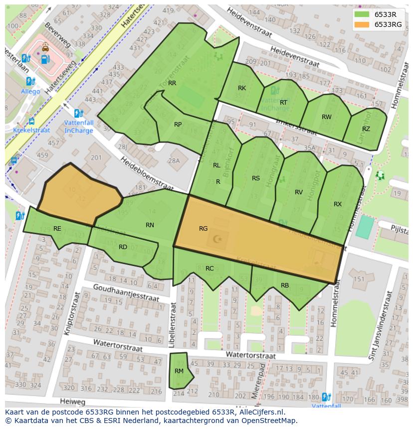 Afbeelding van het postcodegebied 6533 RG op de kaart.