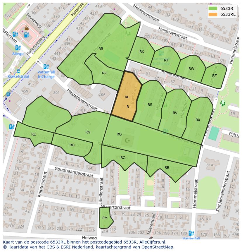 Afbeelding van het postcodegebied 6533 RL op de kaart.