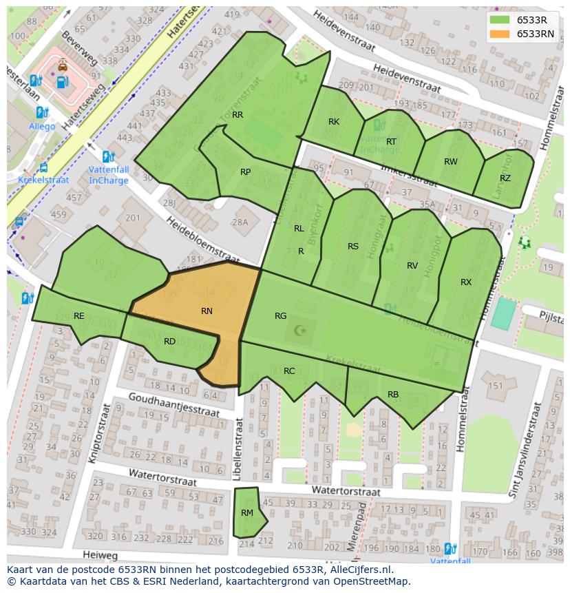 Afbeelding van het postcodegebied 6533 RN op de kaart.