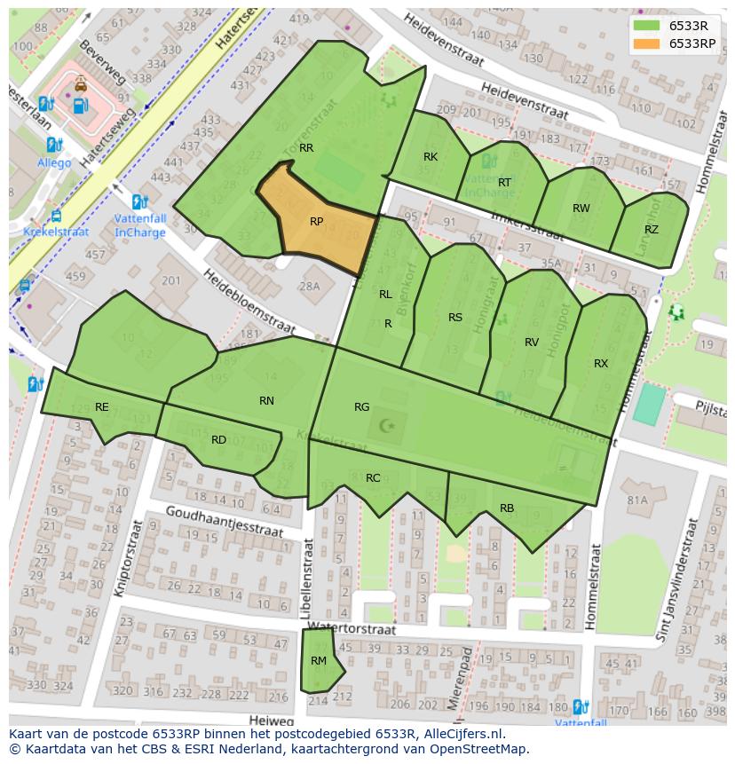 Afbeelding van het postcodegebied 6533 RP op de kaart.