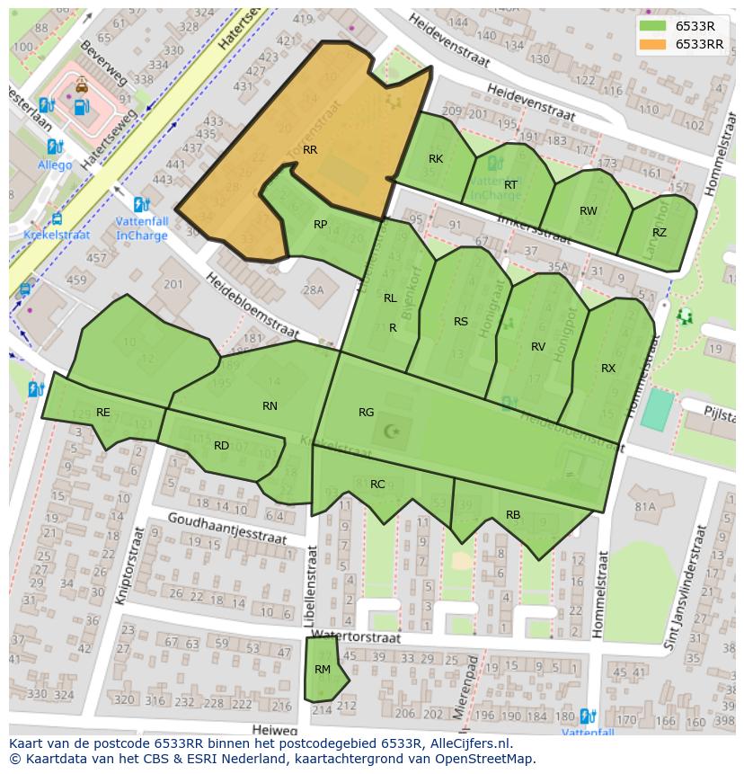 Afbeelding van het postcodegebied 6533 RR op de kaart.