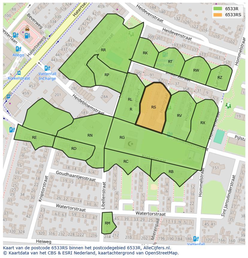 Afbeelding van het postcodegebied 6533 RS op de kaart.